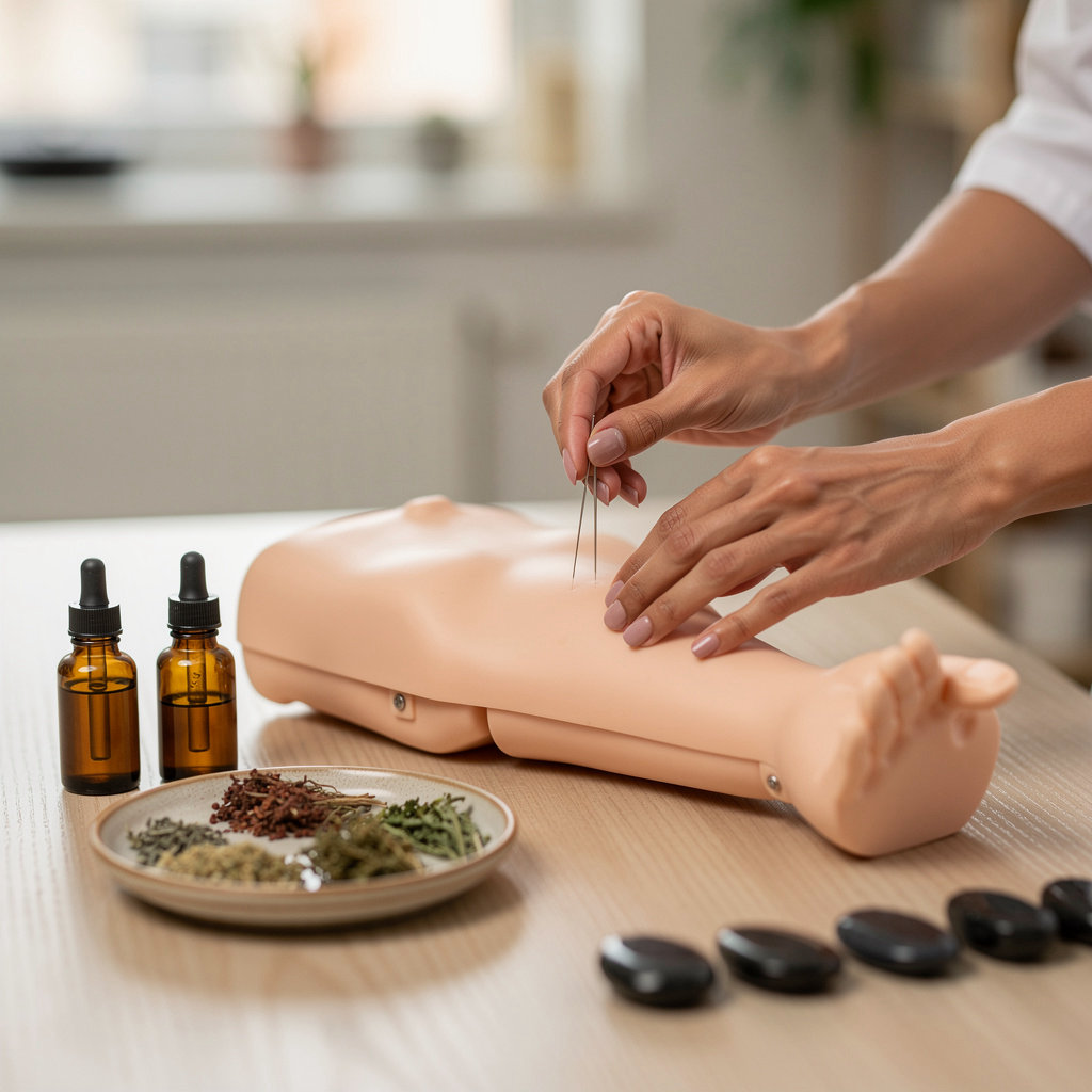 Healing Hands School of Holistic Health alternative medicine courses featuring acupuncture charts and herbal plants in San Diego