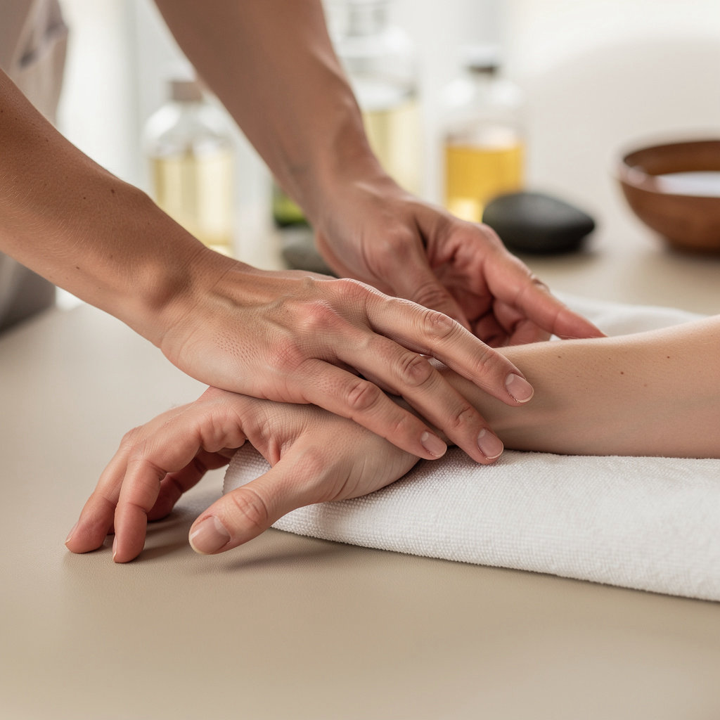 Healing Hands School of Holistic Health massage therapy student practicing hands-on technique in San Diego training facility